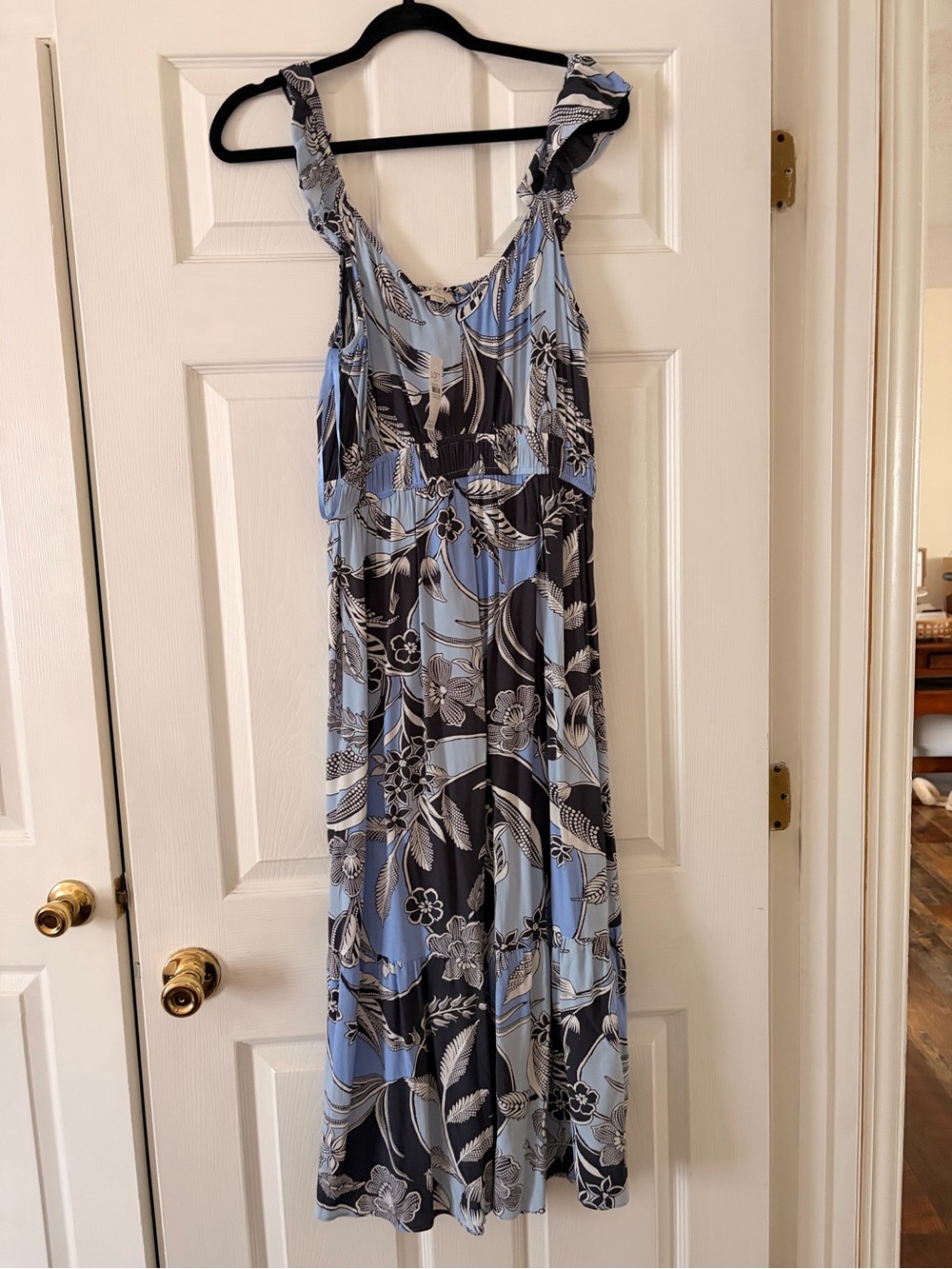 LOFT Light Blue and Black Floral Ruffled Strap Maxi Dress
